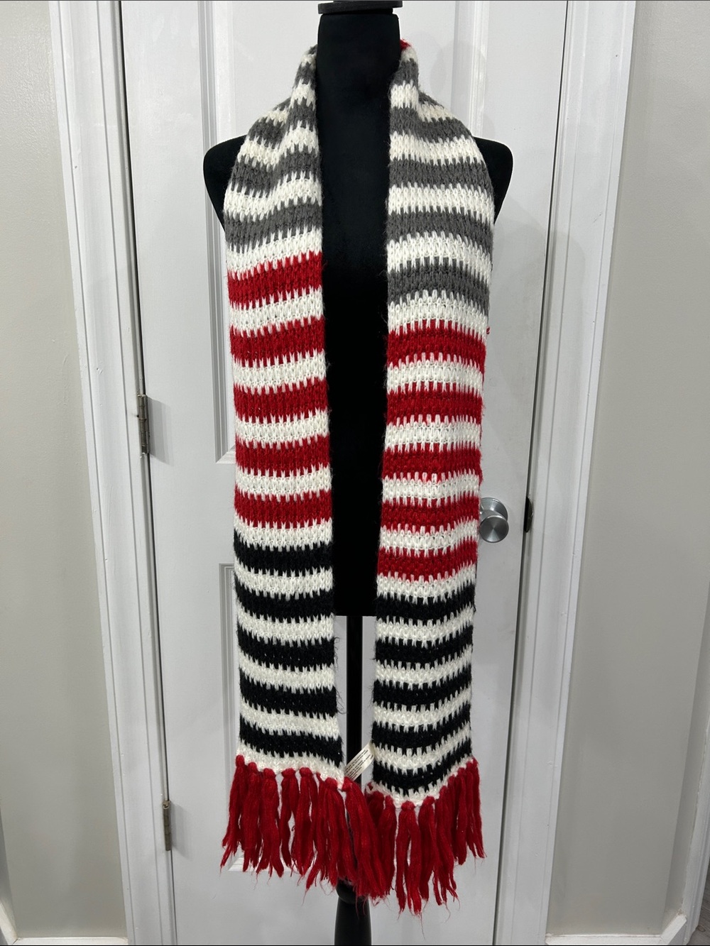 Saint John's Bay Active Striped Knit Scarf in Red, Black, Gray, White